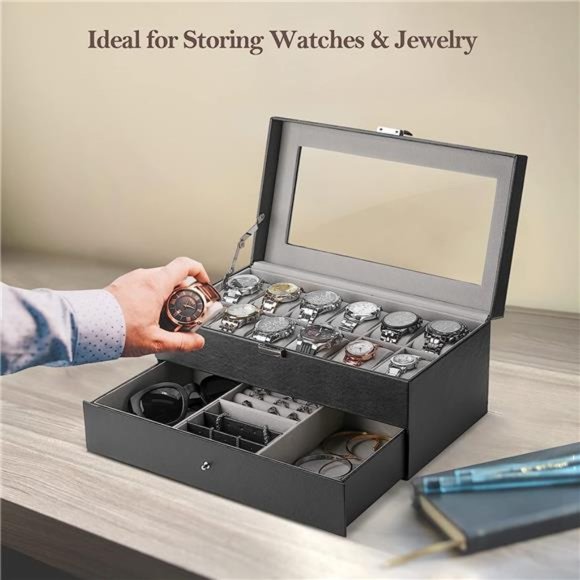 12 Slots Watch Box Case for Men Women, Mens Jewelry Organizer Watch Holder - Picture 2 of 6